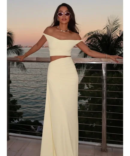 Women Summer Sexy Pleated Skirt Set One-Length Shoulder Patchwork Top High Waist Slim Long Skirt Vacation Party Club Women Dress