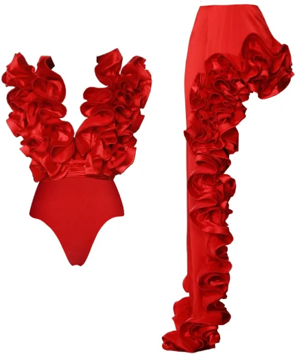 RedPeony Deep V Off Shoulder Bodysuit Bathingsuit Luxury Women Swimwear Sexy Swim Suit 2025 Solid Red Flower One Piece Swimsuit