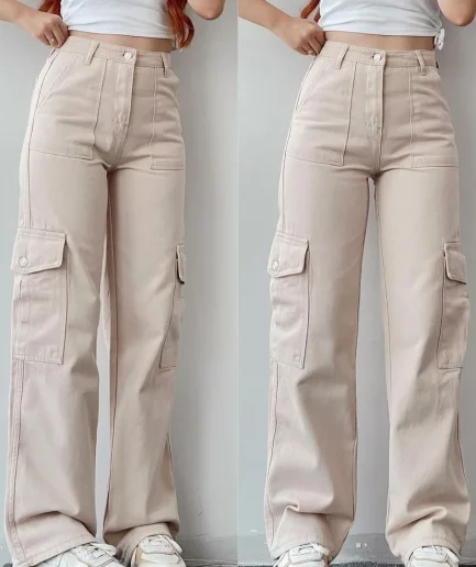 With Multi 6 Pocket Cotton High Waisted Mujer Ladies Khaki Black Casual Woman Cargo Pants Trousers for Women