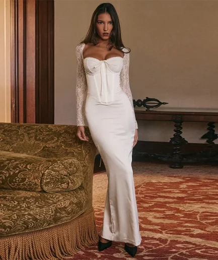 2025 White Lace Long Sleeve Elegant Evening Party Dress Women Backless Robes Sexy Dress Long Bodycon Autumn Women Maxi Dress