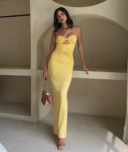 Sleeveless Ladies Women One Shoulder Splice Metal Ring Buckle Elegant Long Dress Strapless Beach Vacation Slim Dress