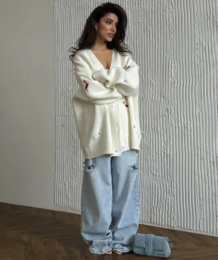 Casual Print Brown Women Cardigan Elegant V-neck Single-breasted Long Sleeve 2025 Autumn Lady All-match Outwear Women Sweater