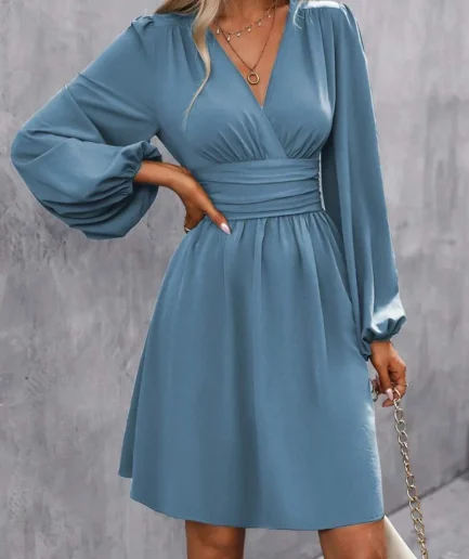 2025 V Neck Lantern Sleeve Solid Sexy Midi Dress Ruched Waist Pleated Hem Elegant Autumn Women Dress
