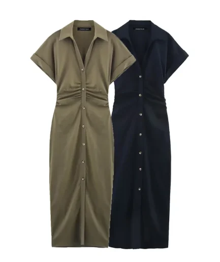2025 Fashion Solid V-Neck Short Sleeve Female Elegant Street Shirts Dresses Clothing Women Summer MIDI Pleated Dress