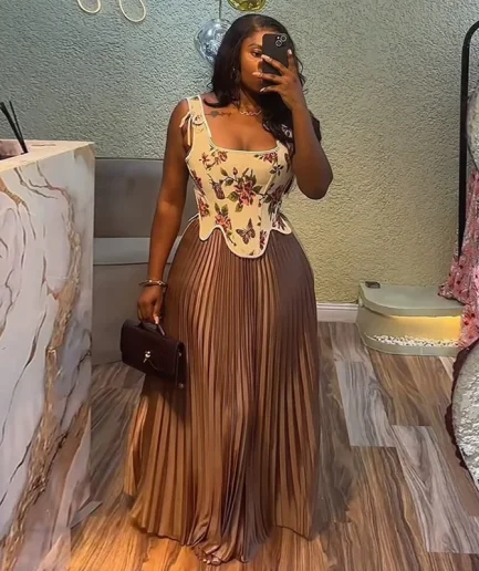 RedPeony 2025 Women Elegant Floral Print Waist-cinching Vest +Pleated Long Skirts Suit Party Evening Street Women 2 Piece Dress