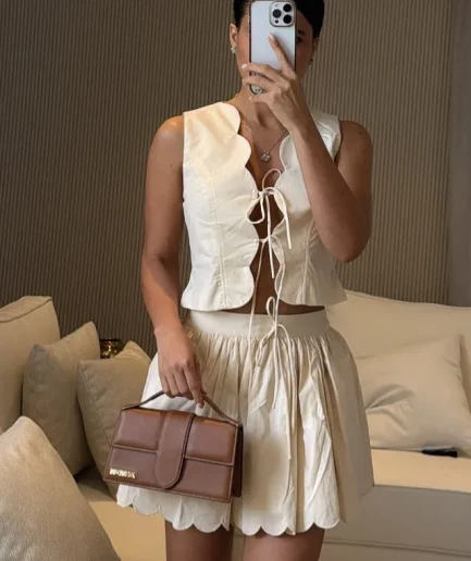 Ladies 2-piece Two Pieces Fitness Solid Colors Korean Sleeveless Waistcoat Vest Top and Pleated Skirts Suits Sets for Women