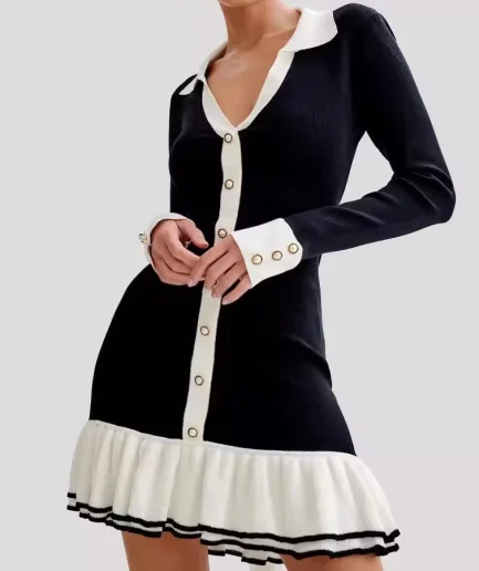 RedPeony Women New Fashion Knitted Patchwork Turn-down V-Neck Dress Long Sleeve Pleated Bodycon Knit Women Mini Bandage Dress