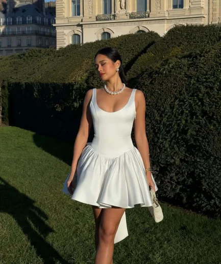 RedPeony 2025 Fashion New Summer Women Sexy White Satin Big Bow Skinny Strap Backless High Waist Pleated Women Mini Party Dress