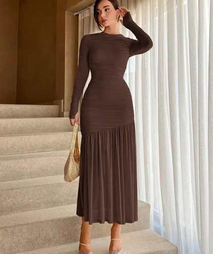 Women's Elegant Solid Dress O-Neck Long Sleeve Maxi Casual Style with Plain Dyed Technique for Autumn