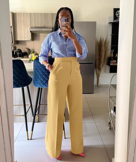 Autumn Casual High Waisted Pants Women Fashion Solid Button Pocket Straight Leg Wide Leg Casual Women Pants