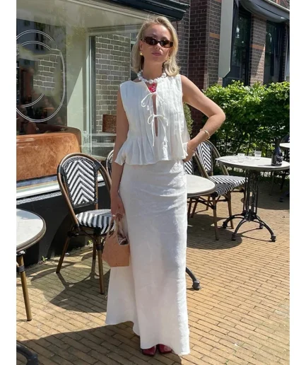 Chic Female Sets Women O-neck Sleeveless Ruffles Tank High Waist A-line Skirts Elegant Solid Lace up Vest Long Skirt Suits