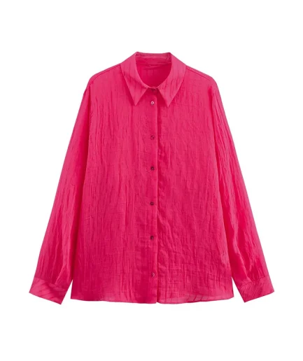 2025 Lady Spring Summer Long-Sleeved Collared Button-Down Textured Shirt Casual Breathable and Fashionable Style