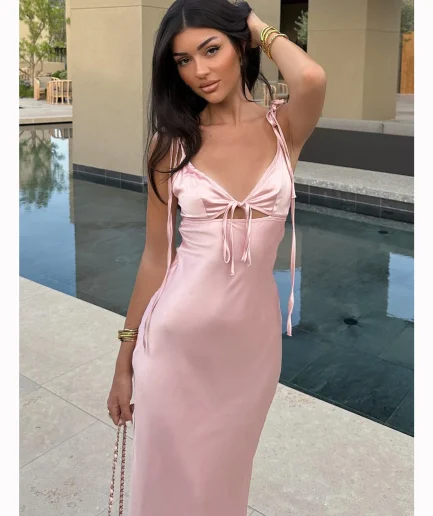 Women Club Holiday Evening Party Dresses Y2K Clothes Backless Lace up Spaghetti Straps Cut Out Midi Dress