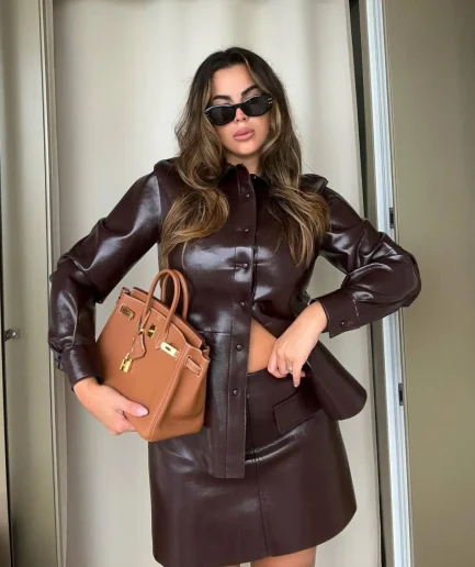 Female Street Motorcycle Outfits Women Y2K Long Sleeve Bike Jacket Hip Package Short Skirt Suits Fashion Leather Mini Skirt Sets