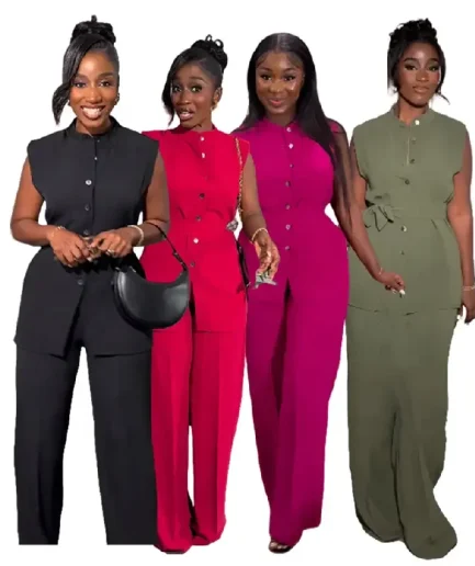 Trendy Single Breasted Sleeveless Mandarin Collar Top and Wide Leg Pants Boutique 2 Piece Clothing Set Women Outfit