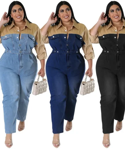 Winter Spring Fall  Formal V-neck Blue Oversized Pants Workout Causal Loose Plus Size Denim Rompers and Jumpsuits for Fat Women