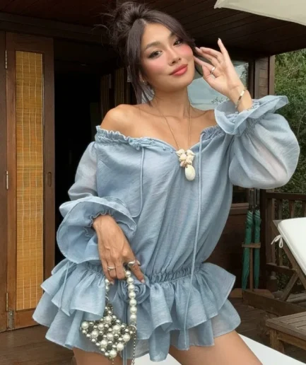 Women Elegant Mesh Ruffles Dress Sheer Sleeve Slash Neck Slim Flower Lace up Dress Vacation Casual Streetwear Women Mini Dresses