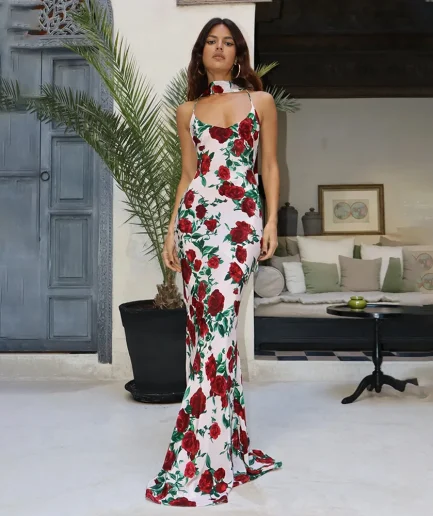 Women Gown Elegant Sleeveless High Waist Evening Club Party Long Dress Halter Backless Print Sexy Maxi Dress
