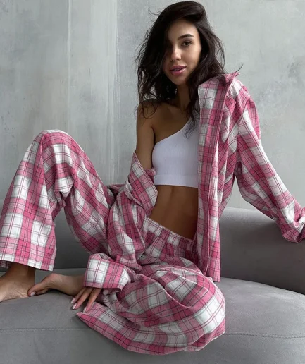 Pants Casual Femme Pajama Suit Long Sleeve Nightwear Turn-Down Collar Sleepwear New Winter Plaid Women Nightgowns Set