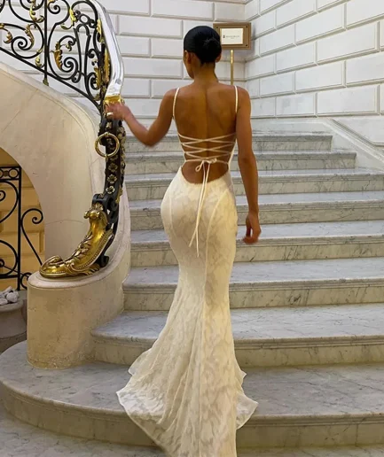 2025 Summer Elegant Party Club Evening Dress Women's Sexy Sleeveless Lace Patchwork Backless Bodycon Maxi Dress